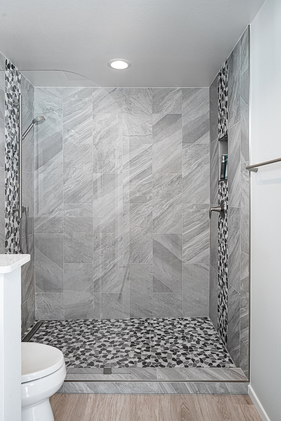 Patterned shower tile in Capistrano Beach whole home remodel