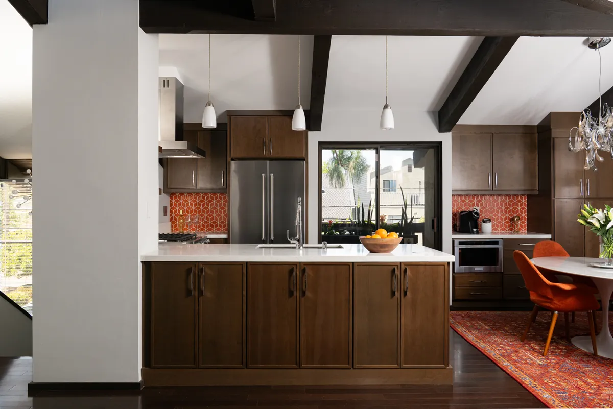 Orange patterned backsplash in Dana Point kitchen remodel