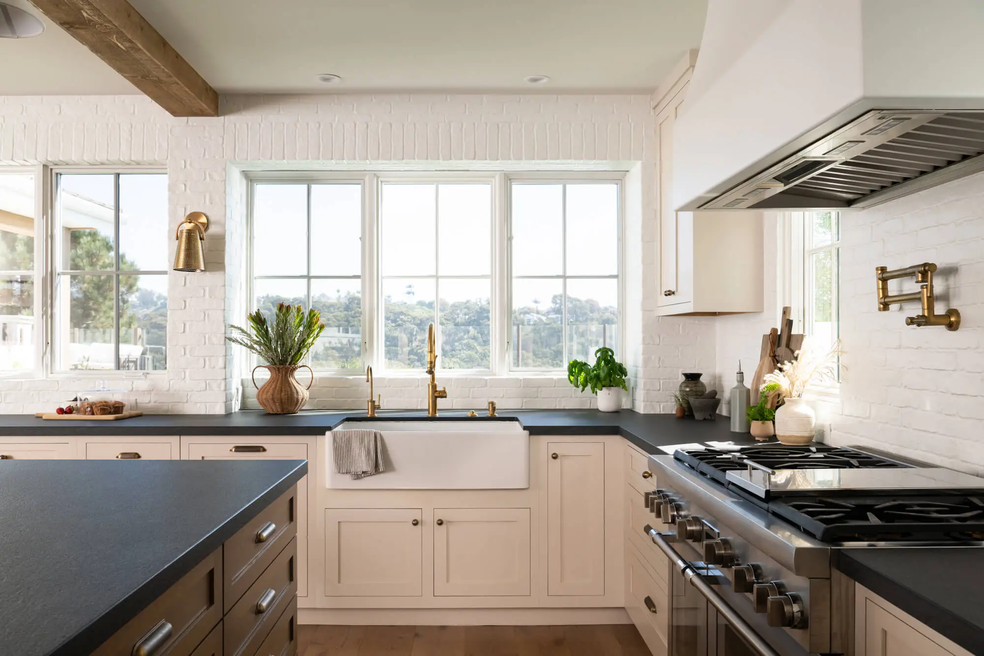 Layered brick kitchen backsplash in Laguna Niguel remodel