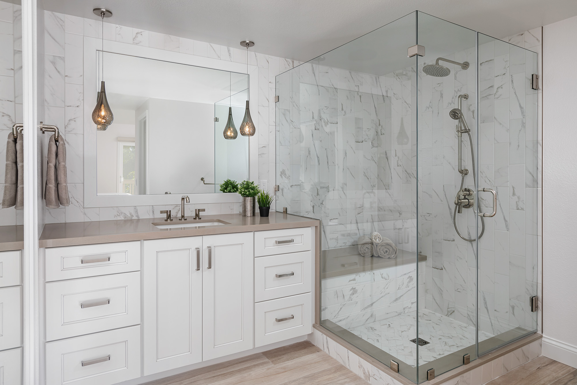 Connecticut Nautical Bathroom - Nesting With Grace  Glass shower shelves,  Budget bathroom remodel, Shower remodel