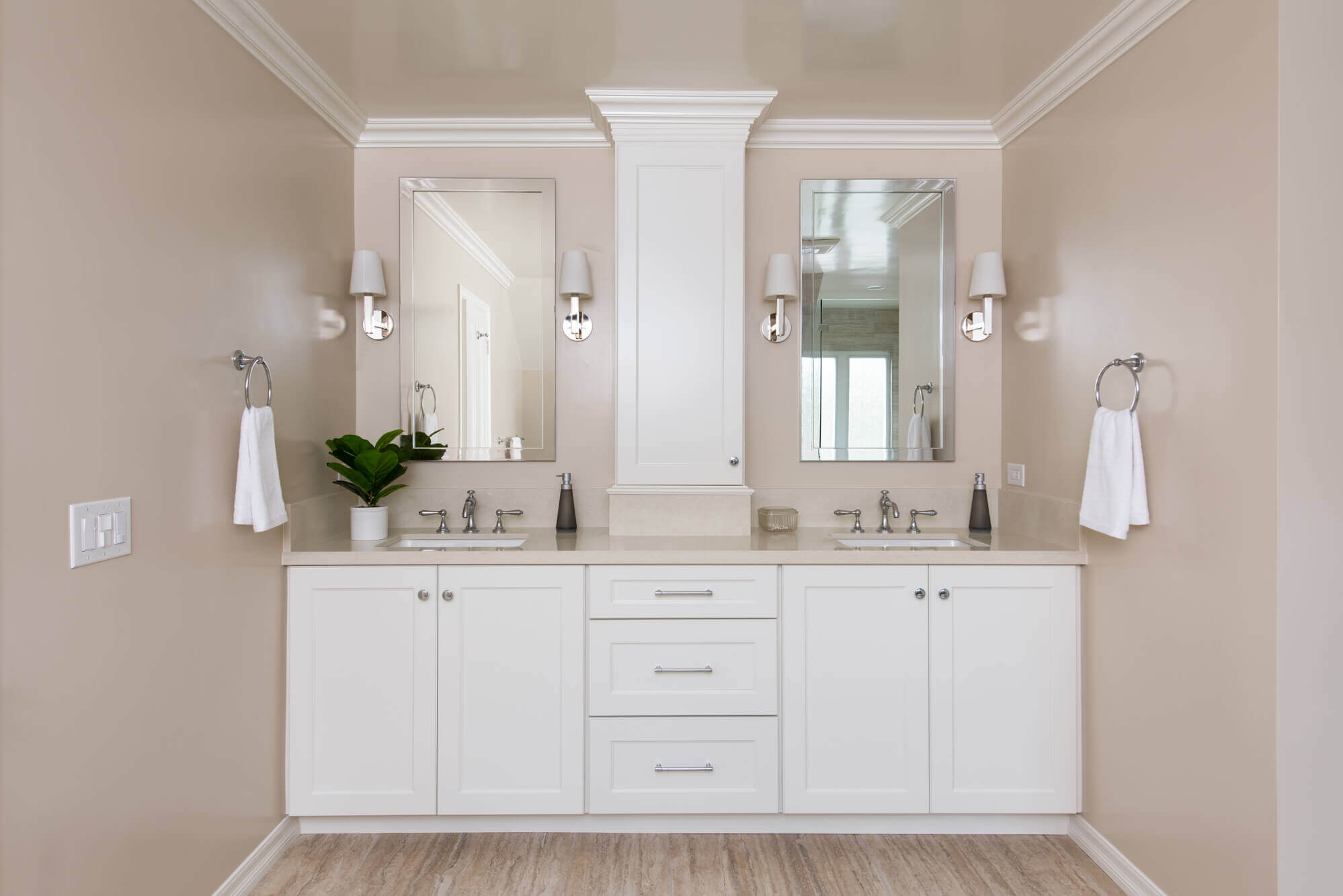 White-cabinetry-with-glossy-blue-porcelain-backsplash-in-Laguna-Beach-kitchen-renovation