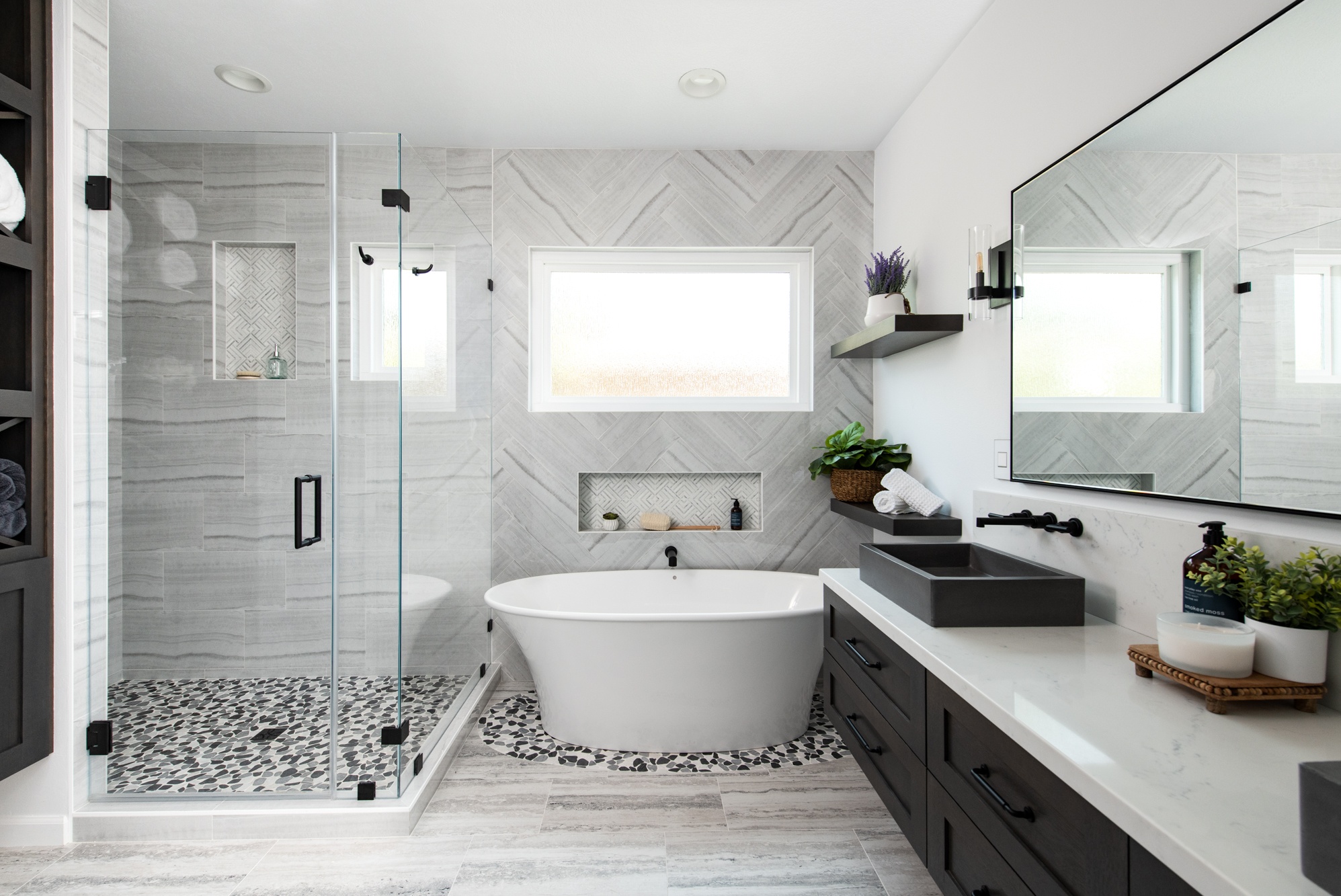 Master Bathroom Remodel With Herringbone Pattern Wall Tile 