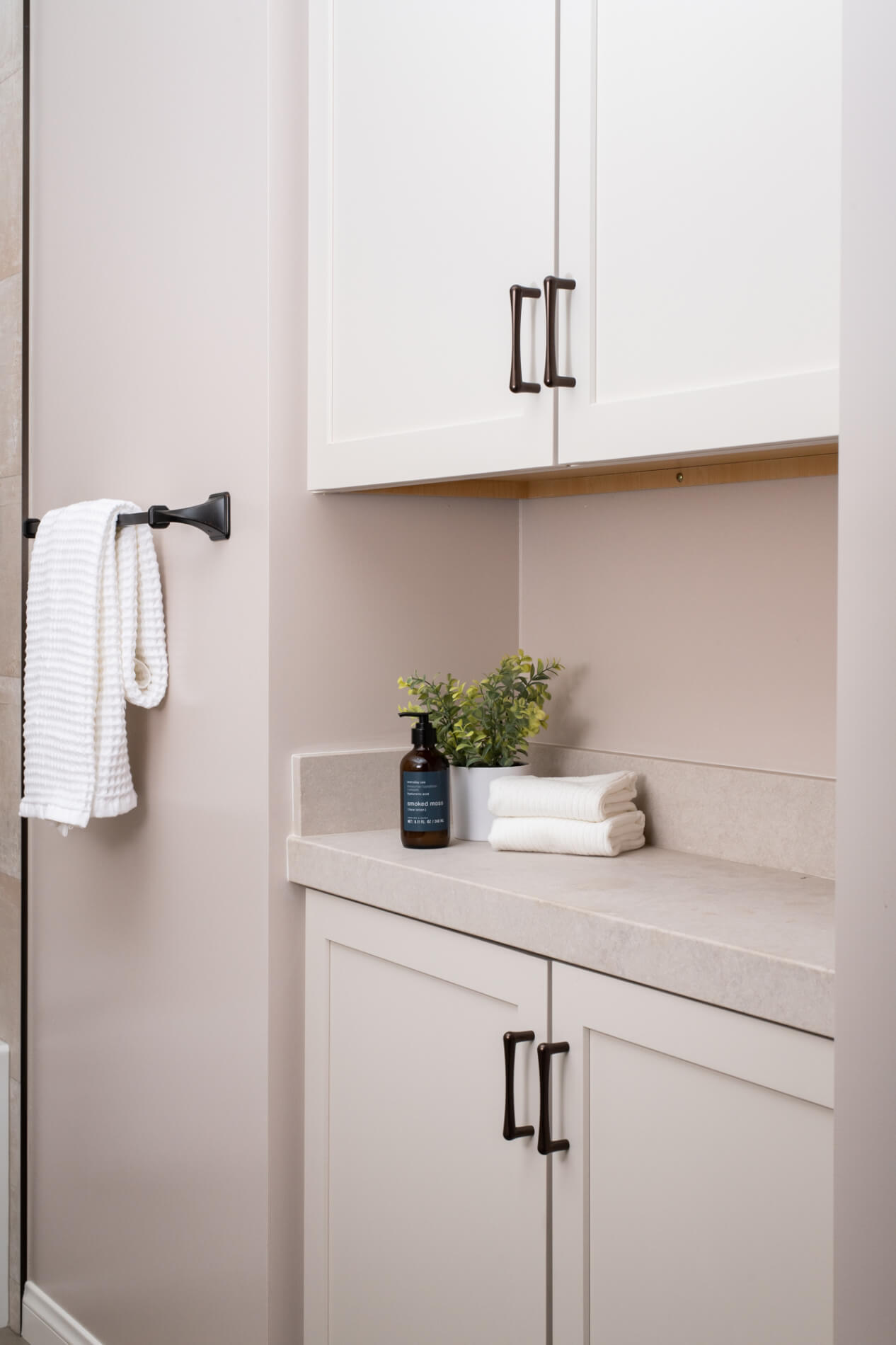 Bathroom nook with storage space in small bathroom remodel