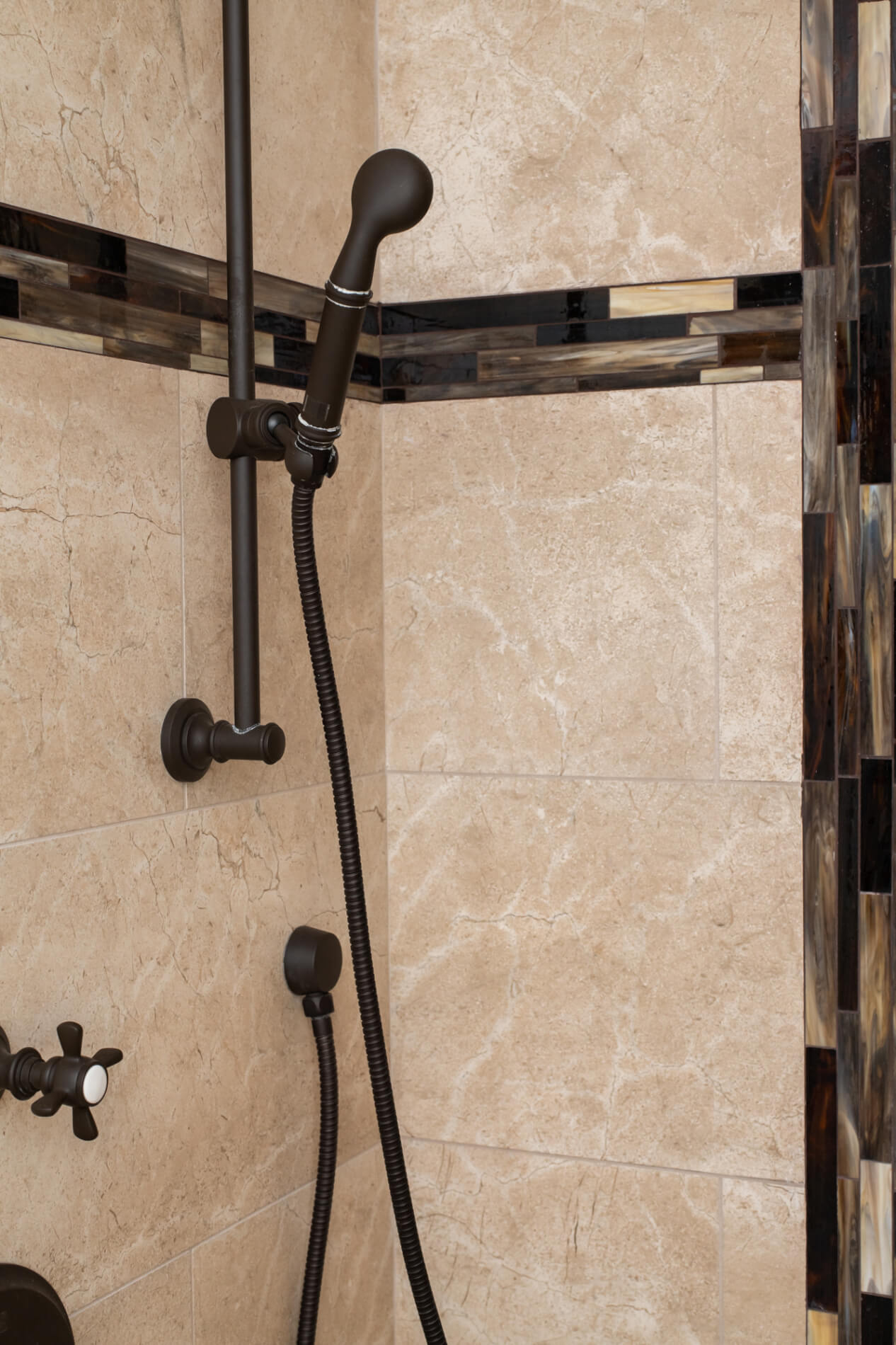 Eclectic master shower with glass accent tile