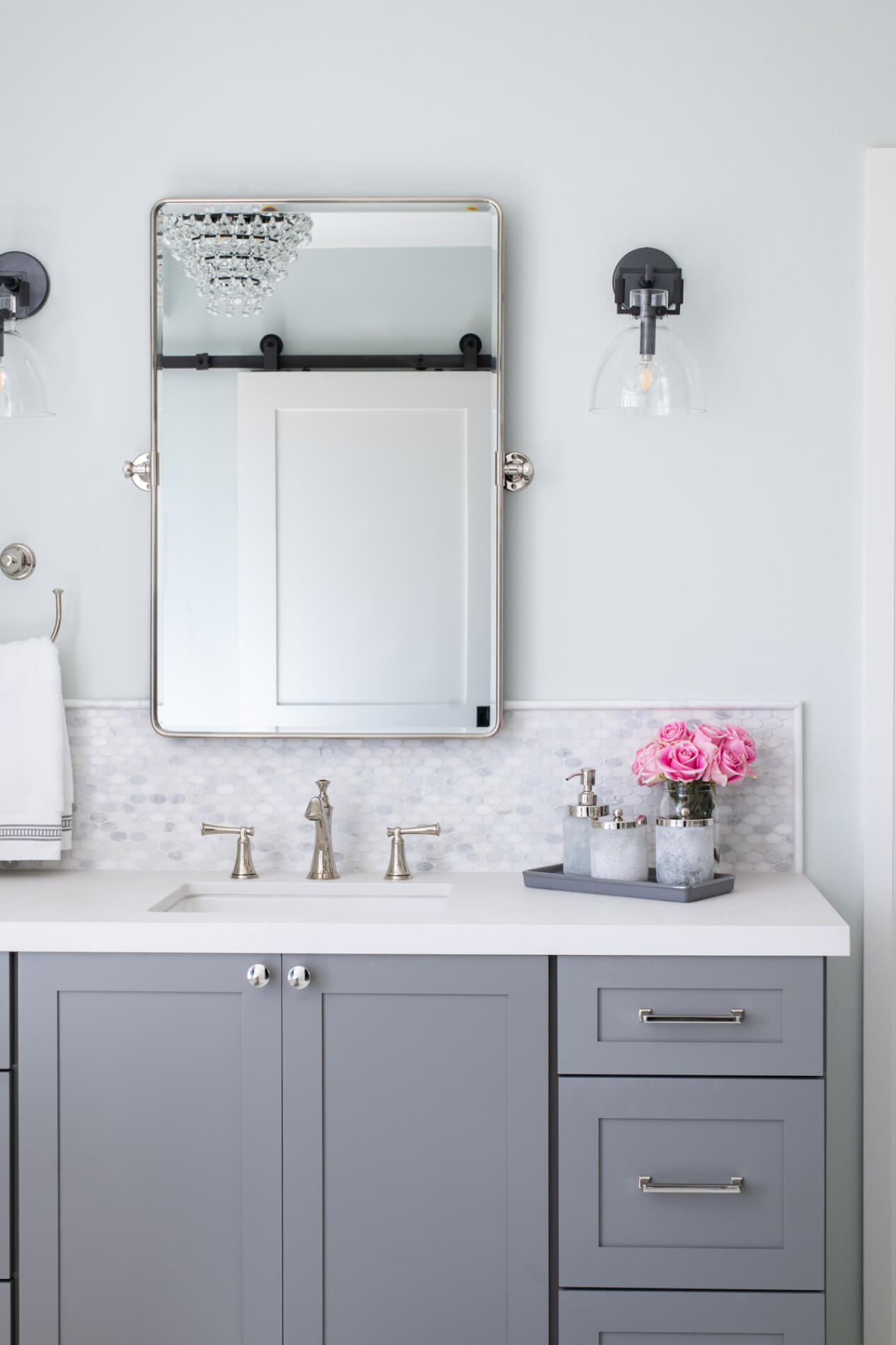 Gray Vanity With White Marble Backsplash in Irvine Bathroom Remodel