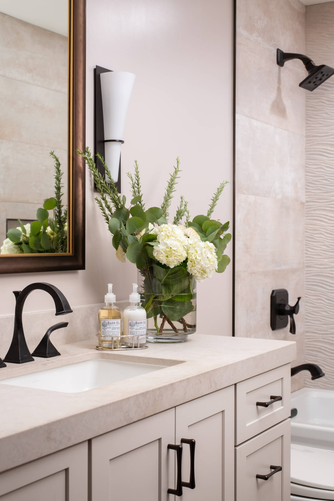 Beige Quartz Countertop With Elegant Vanity Design in Bathroom Remodel