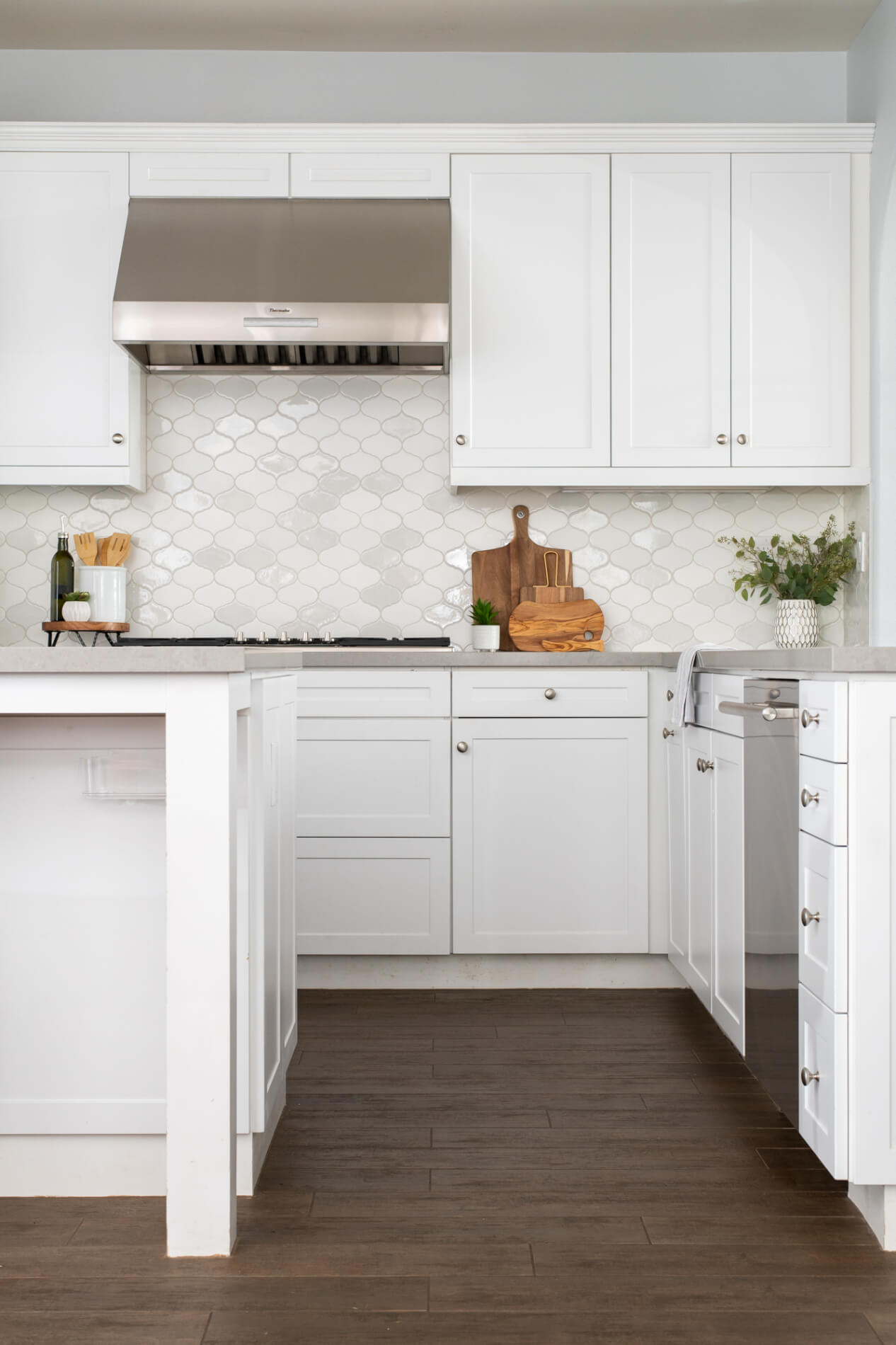 White and Grey tile backsplash in remodel