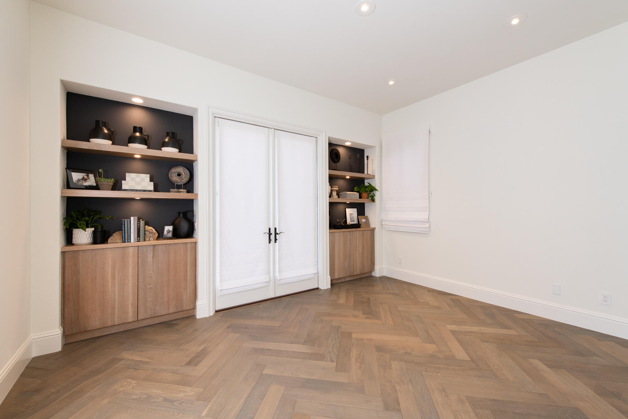 Herringbone flooring in Newport Coast home office remodel - Function-Packed Home Improvements