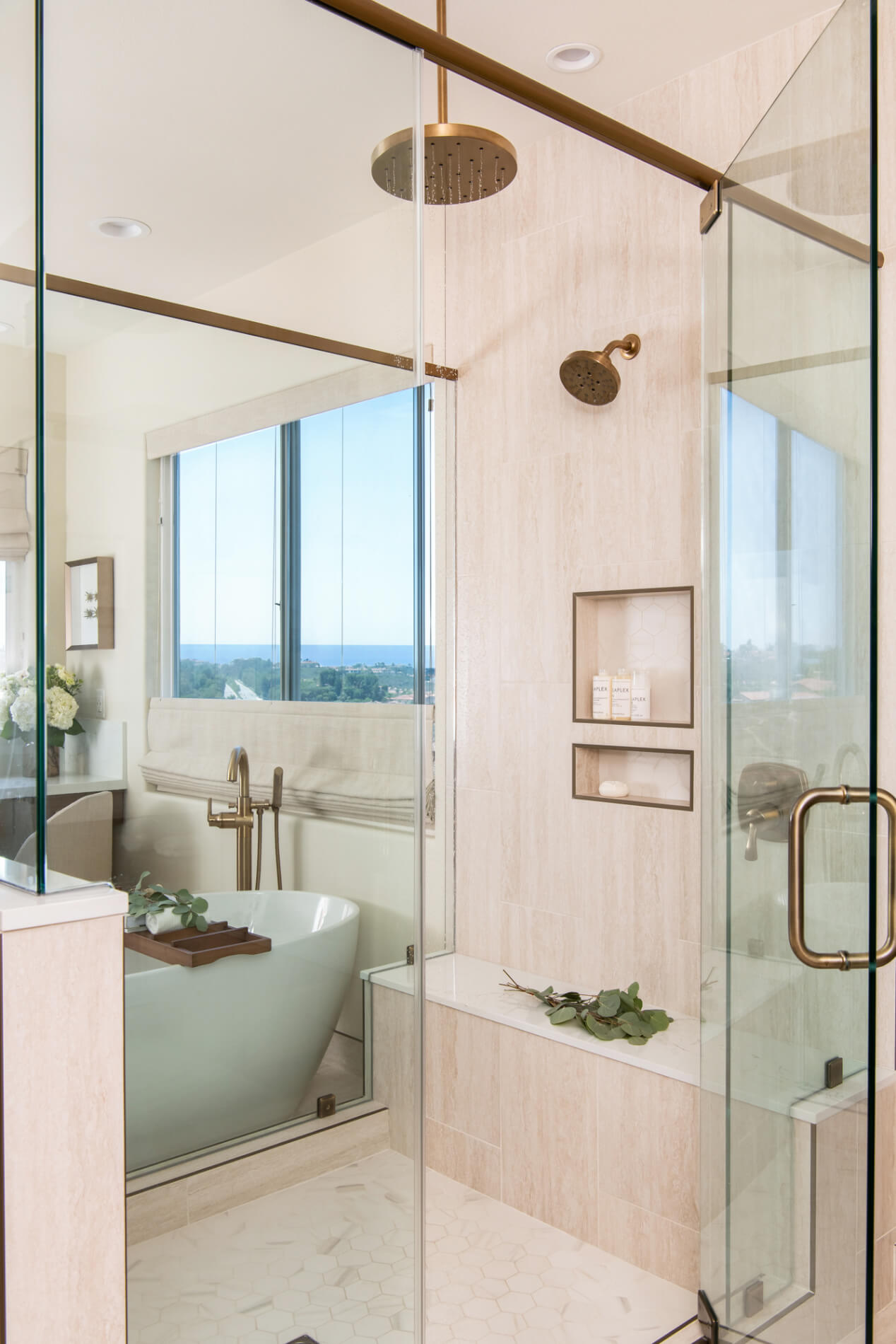 Glass walled walk in shower in Newport Coast bathroom remodel