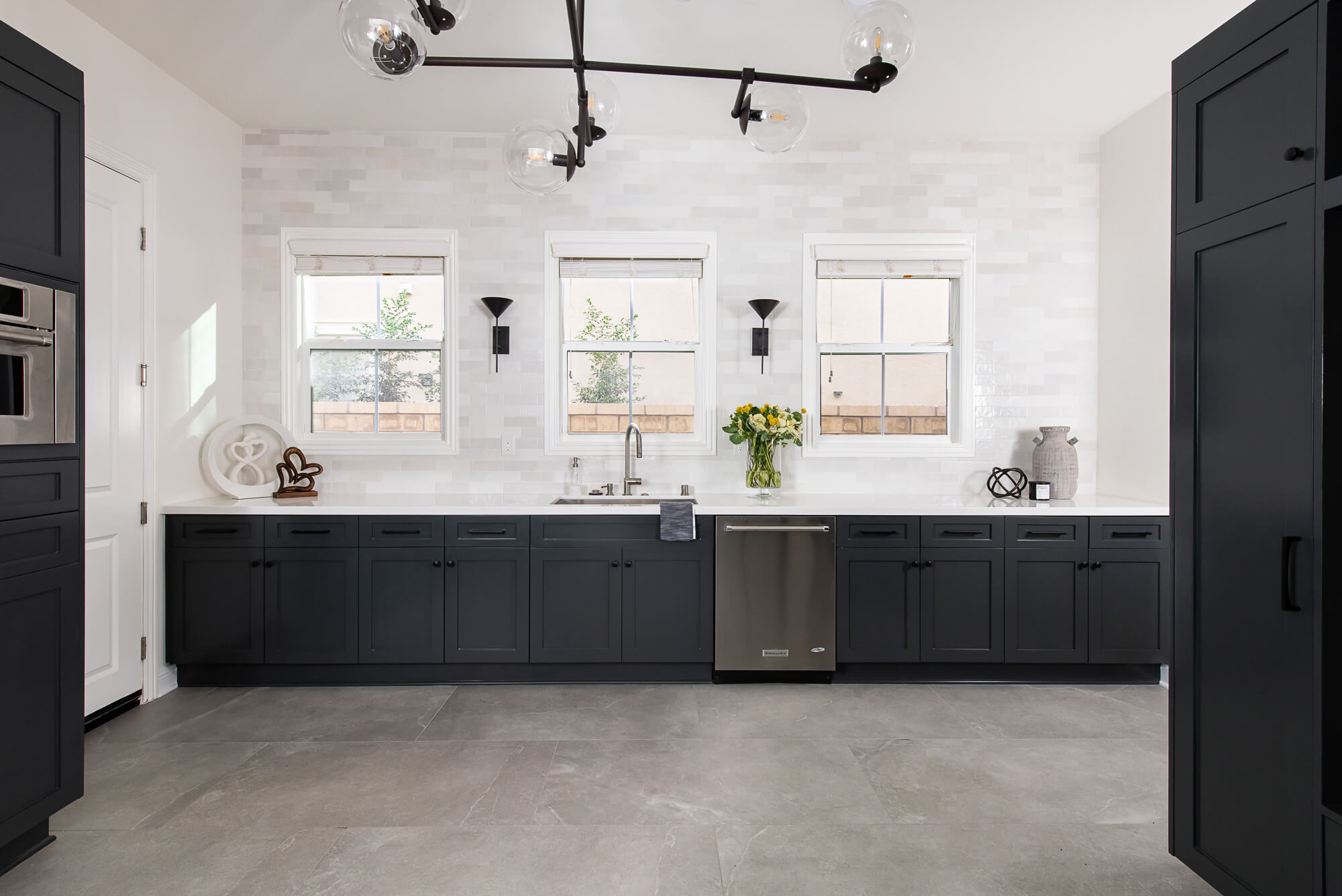 Gray cabinets with Stacked Pull Out pantry Shelves - Transitional - Kitchen