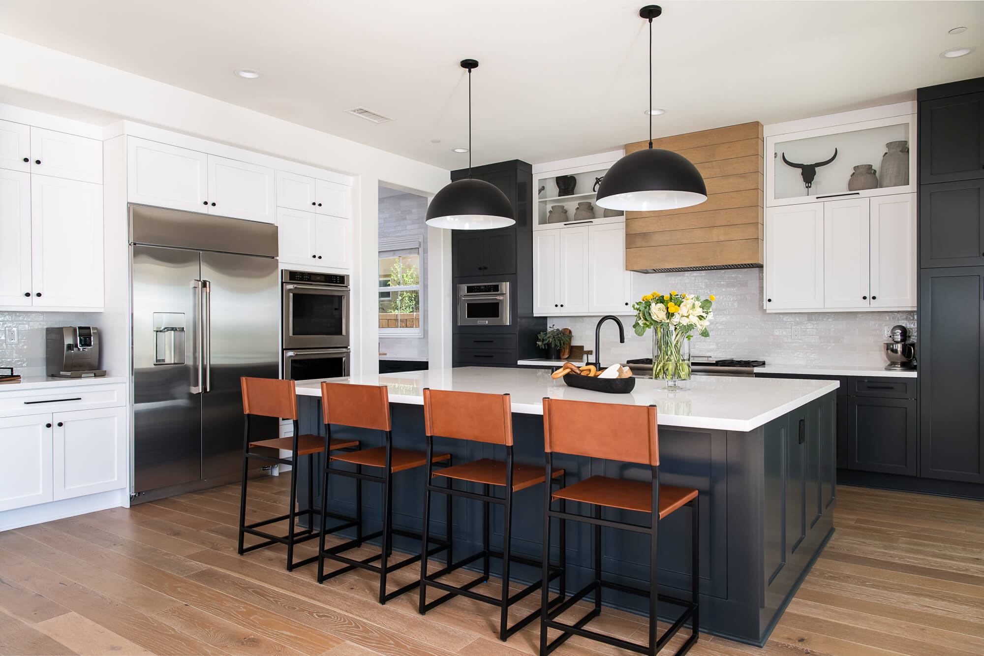 Black and White Kitchen with Black Island - Transitional - Kitchen
