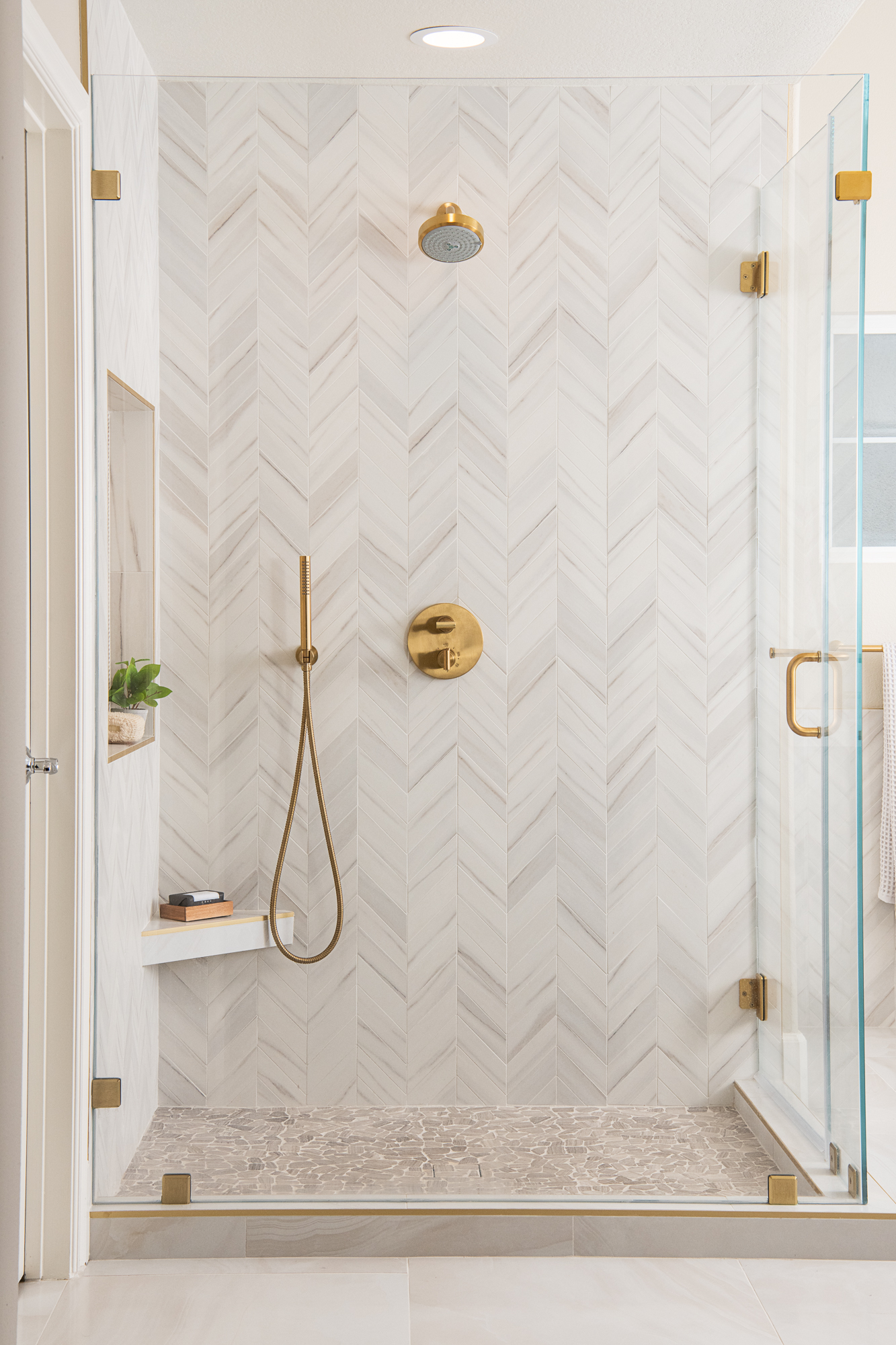 Corner Shower with Mosaic Marble Floor - Transitional - Bathroom