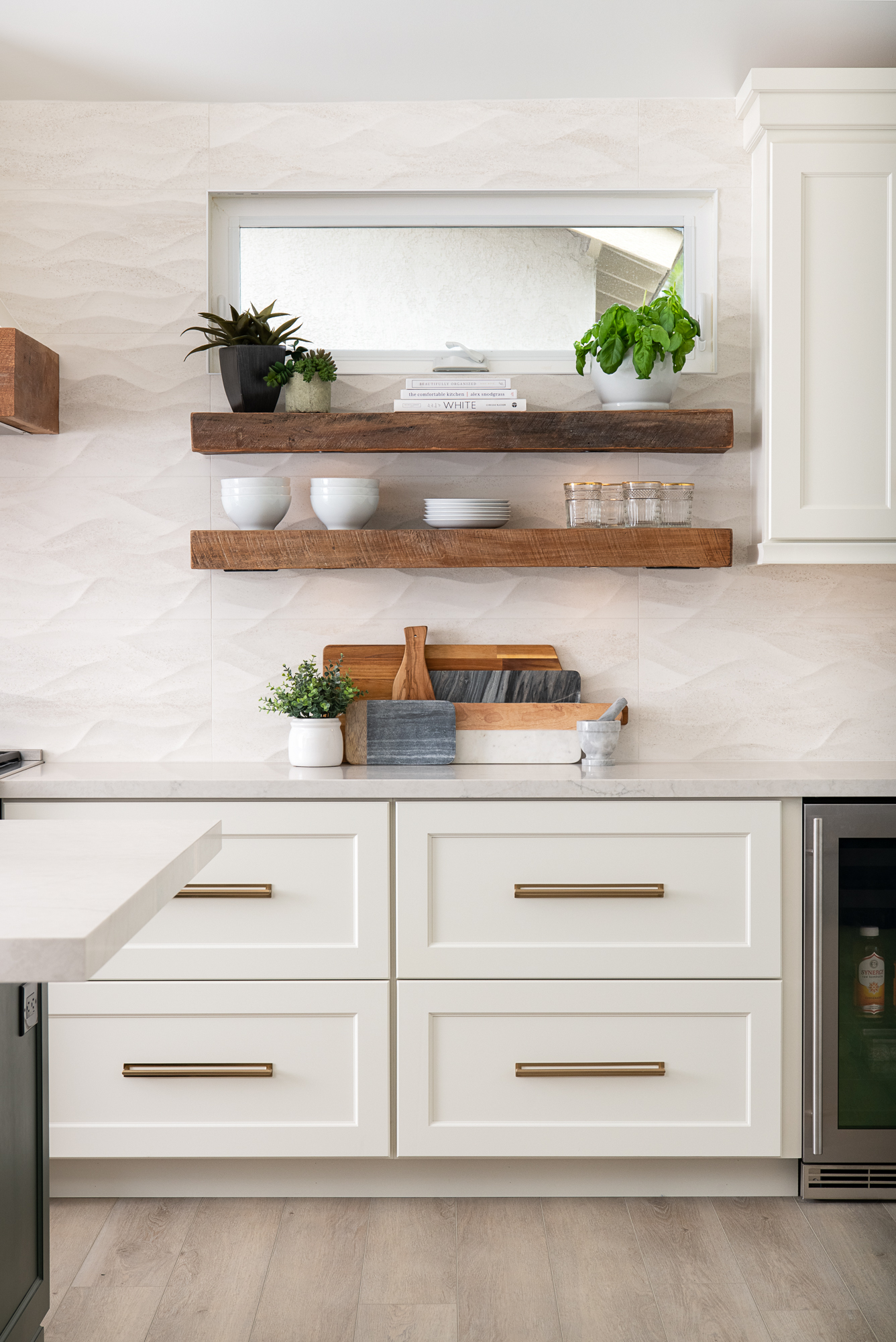 pulls-and-backplates-in-honey-bronze-rustic-floating-shelves