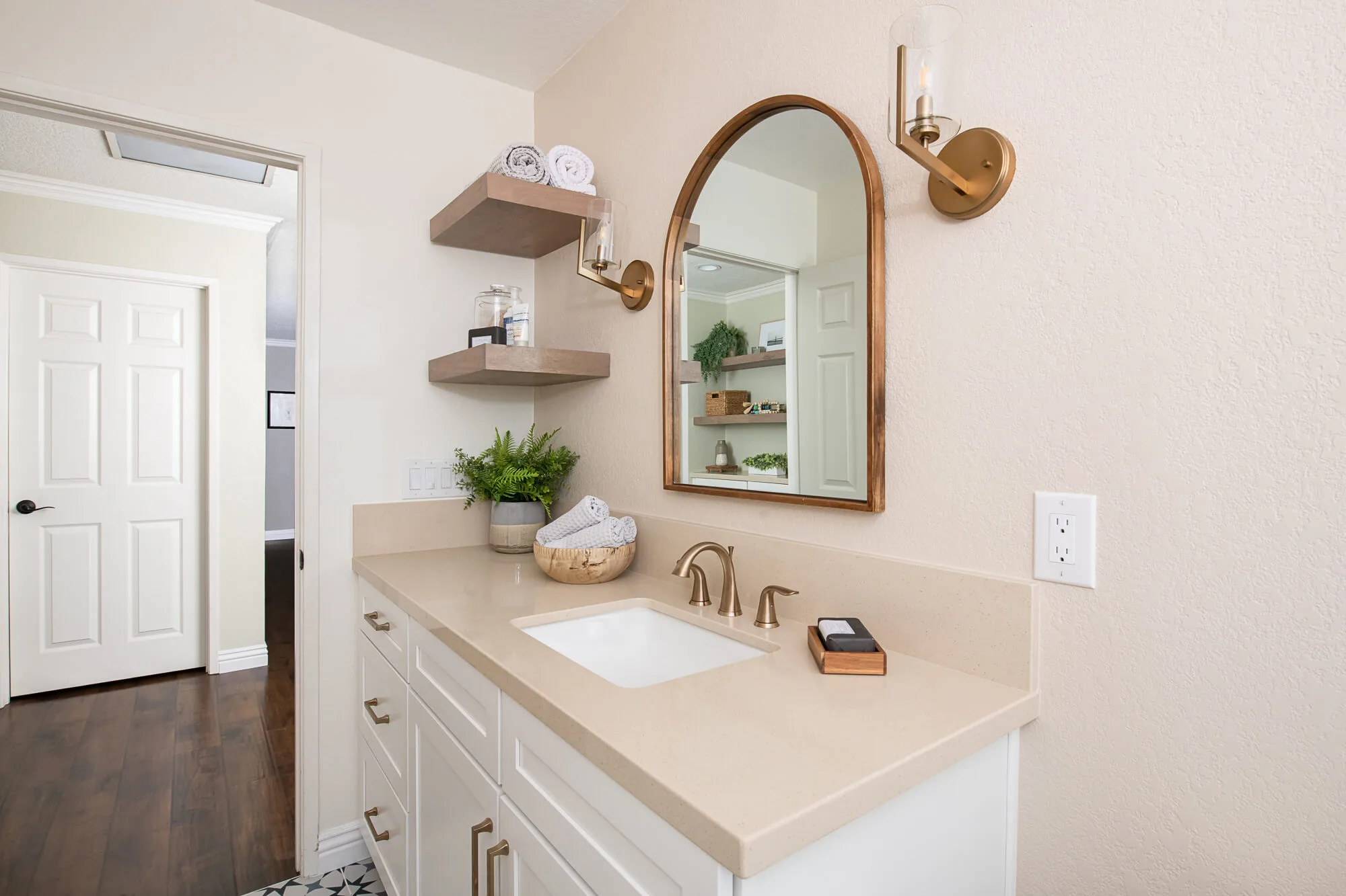 Contemporary Kitchen And Bath Trends For 2024 And Beyond   1 Two Floating Shelves Hanging Vanity Mirror Champagne Bronze.webp