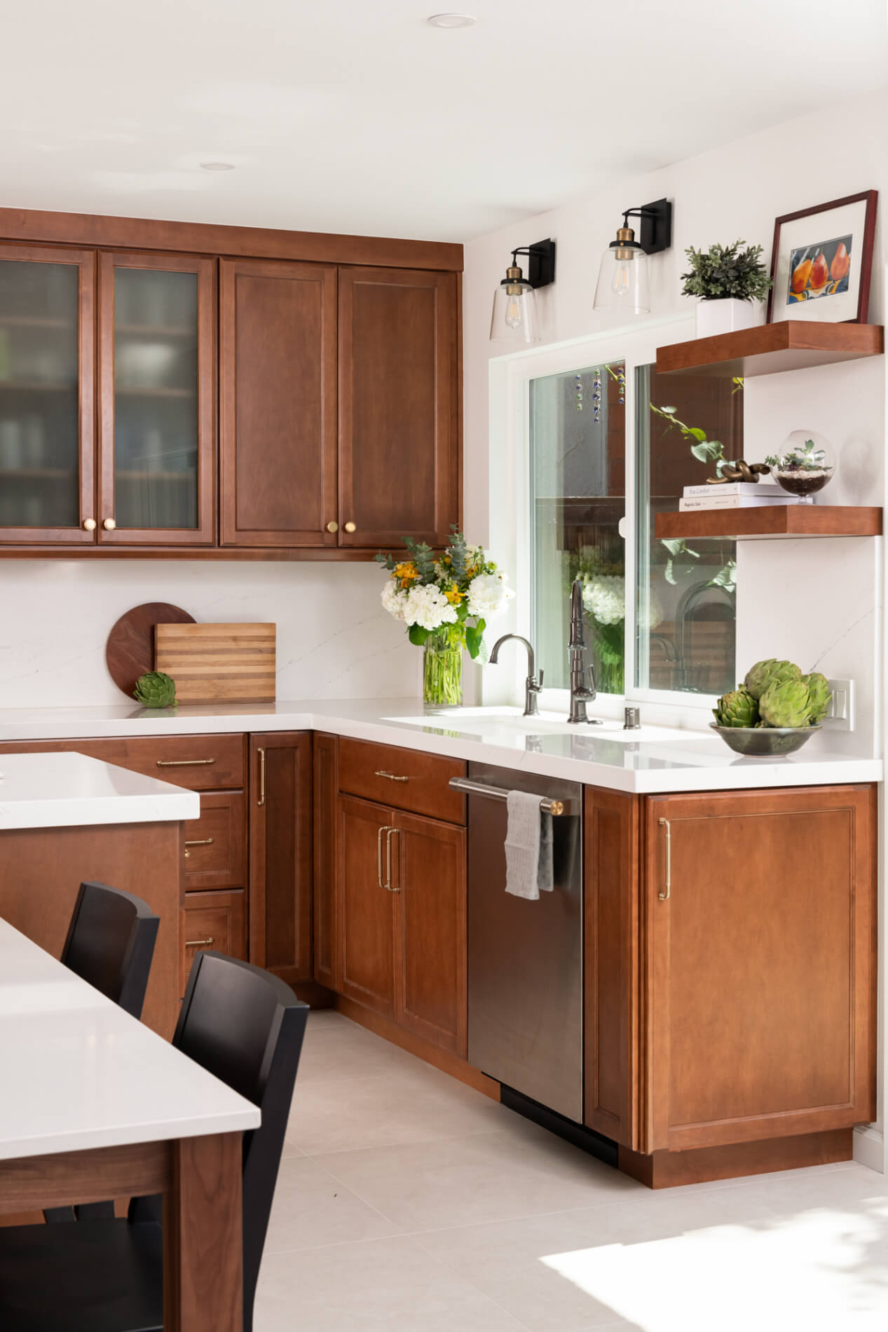 Navy Blue Kitchen Island with Antique Brass Knobs - Transitional