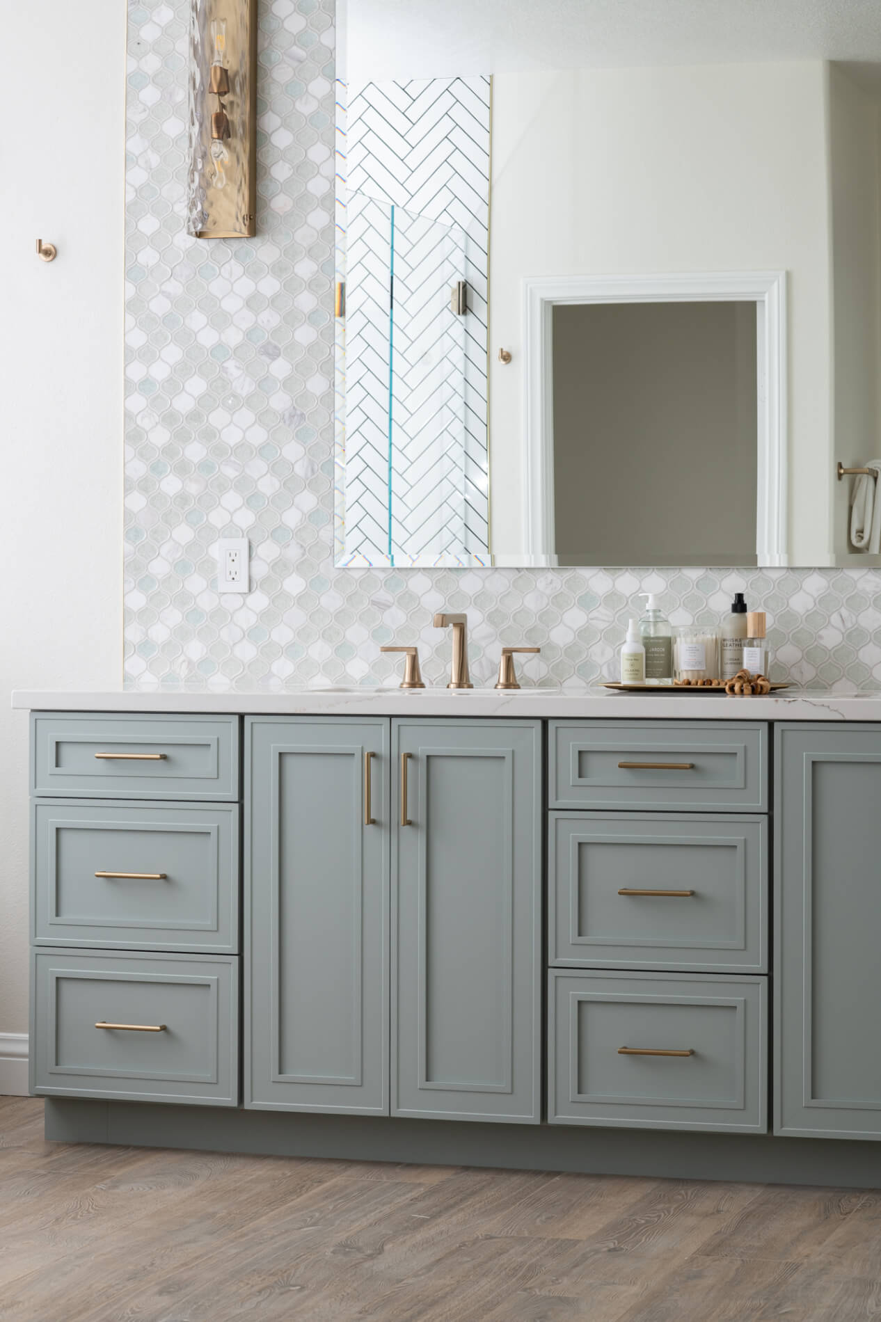 custom-beveled-frameless-mirror-aged-brass-sconces-recessed-medicine-cabinet