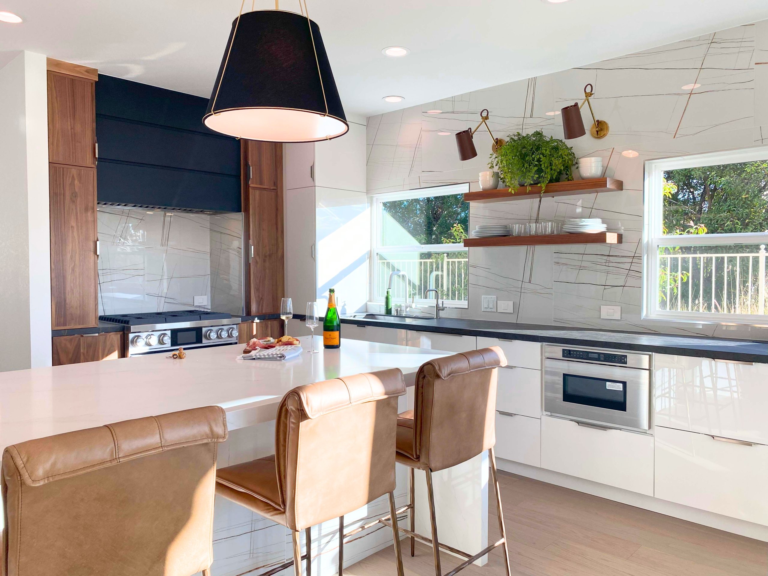 Island-Vadara-polished-quartz-countertop-White-Aurora-with-waterfall-edge