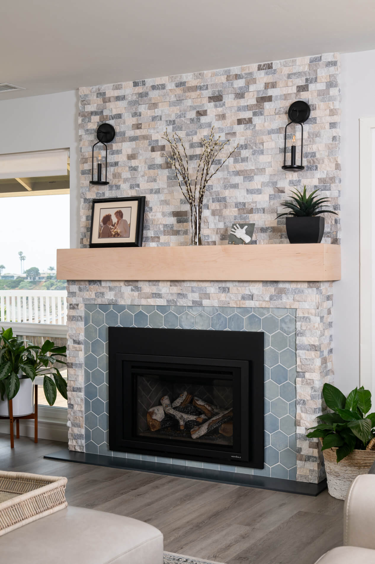 Hearth-Silestone-quartz-Charcoal-Soapstone-surround-DalTile-Whimsy-Mesmerist-hex-backing--natural-wood-hand-hewn-box-mantle