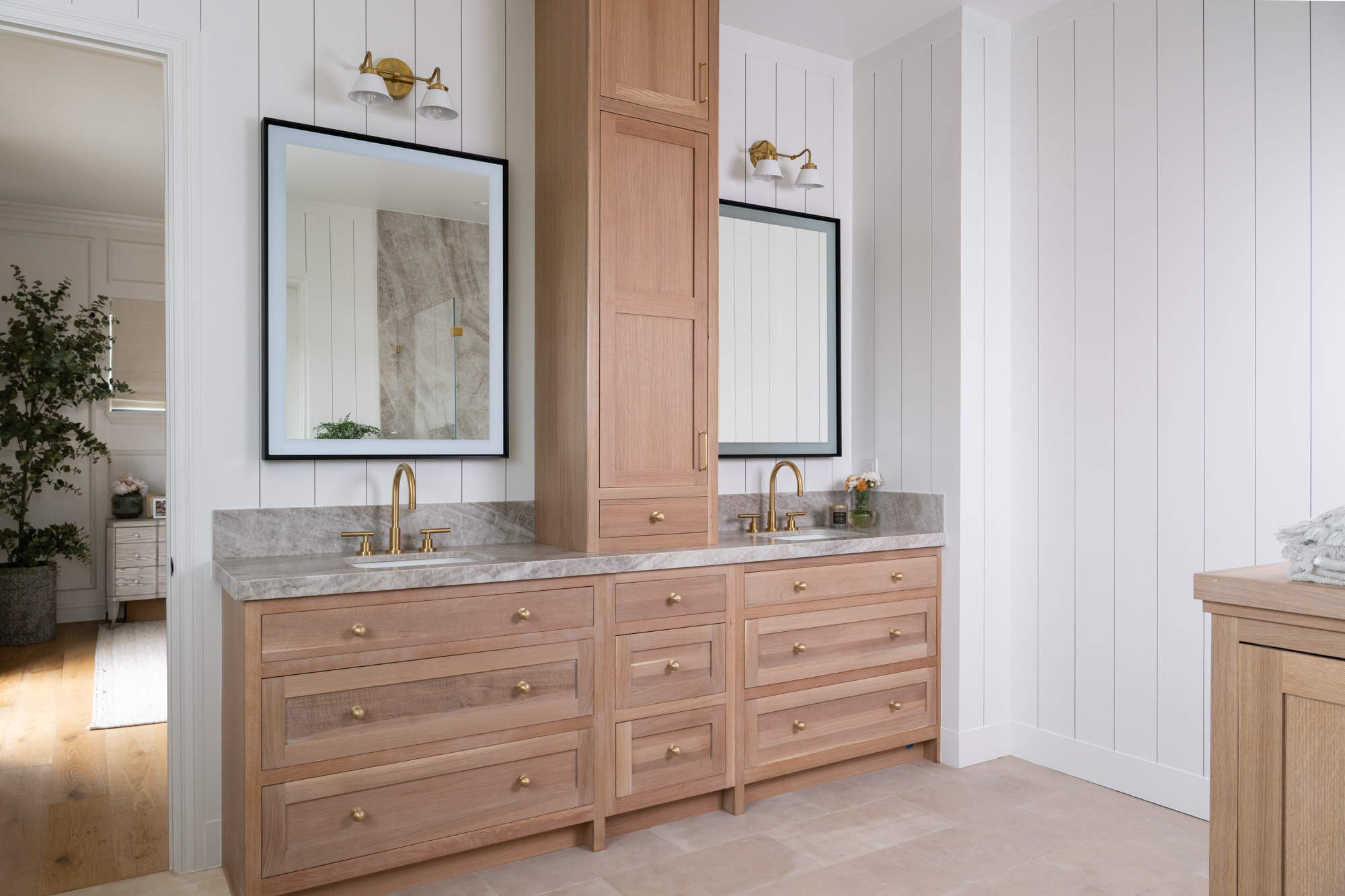 Double-Kelly-Sconce-Undermount-stucc-white-sink-Satin-Bronze-widespread-faucet-Vitality-Sculpt-Light-Up-Mirror