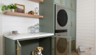 built-in-dog-bed-with-decorative-aged-brass-wire-mesh