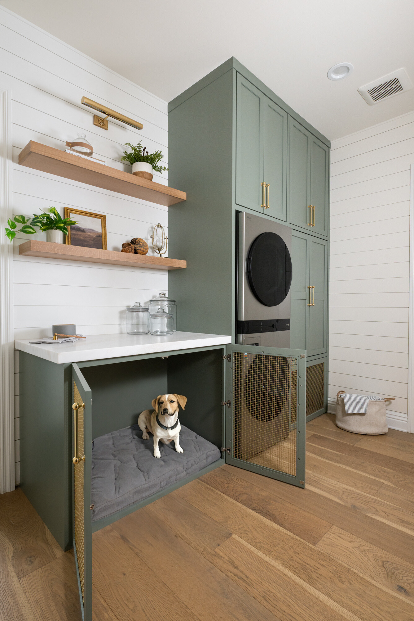 built-in-dog-bed-with-decorative-aged-brass-wire-mesh