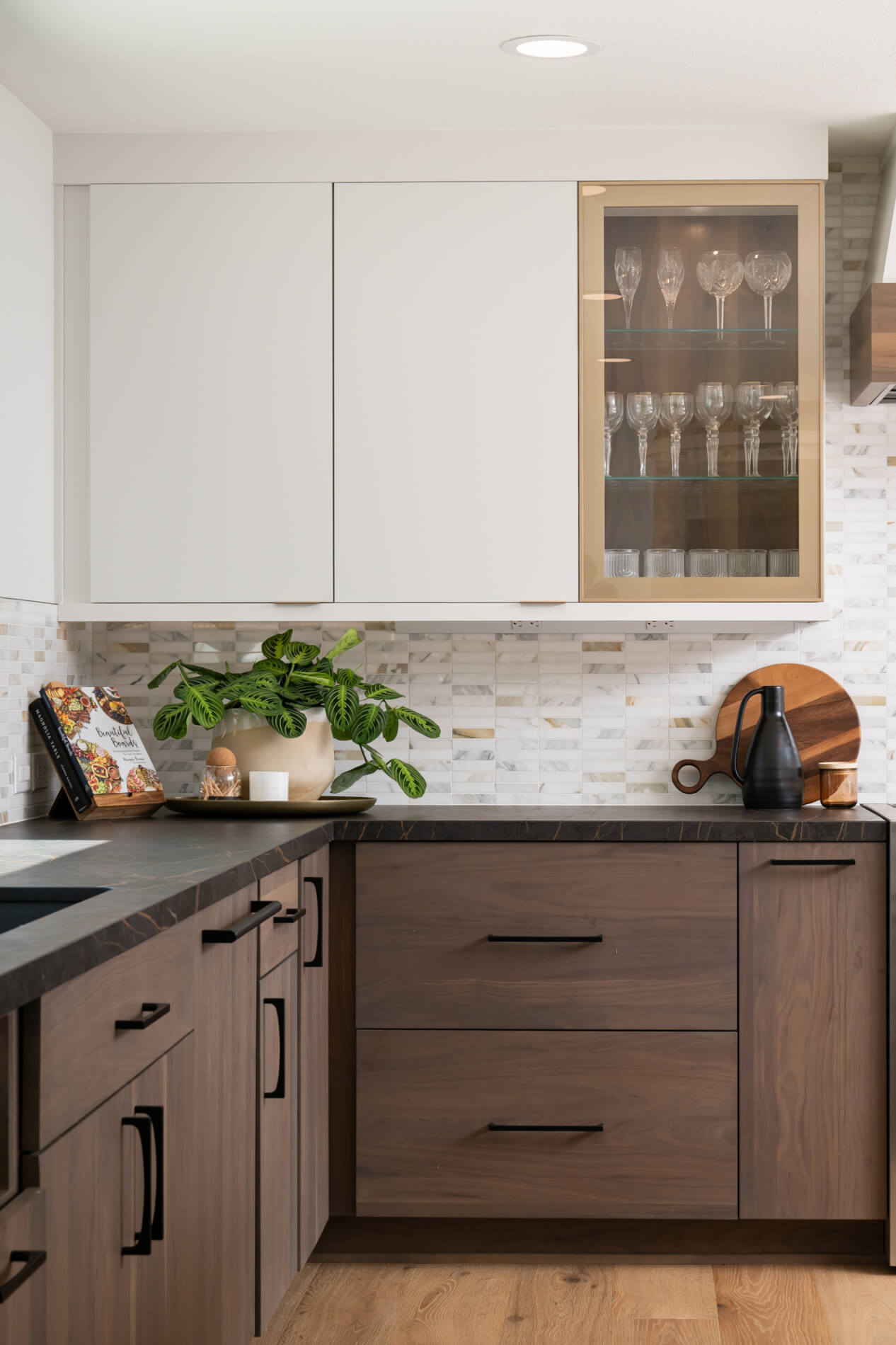 glass-inserts-with-walnut-wood-outline-and-backing-in-ultra-matte-Riverbed-finish-including-glass-shelves