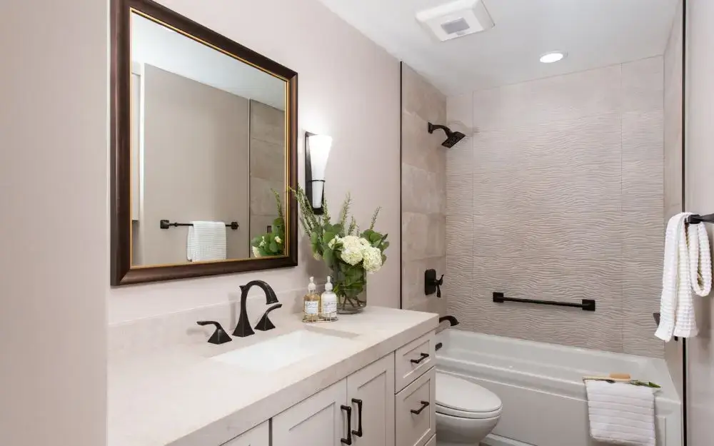 Beige Bathroom in Remodel With Black Accents for Contrasting Design