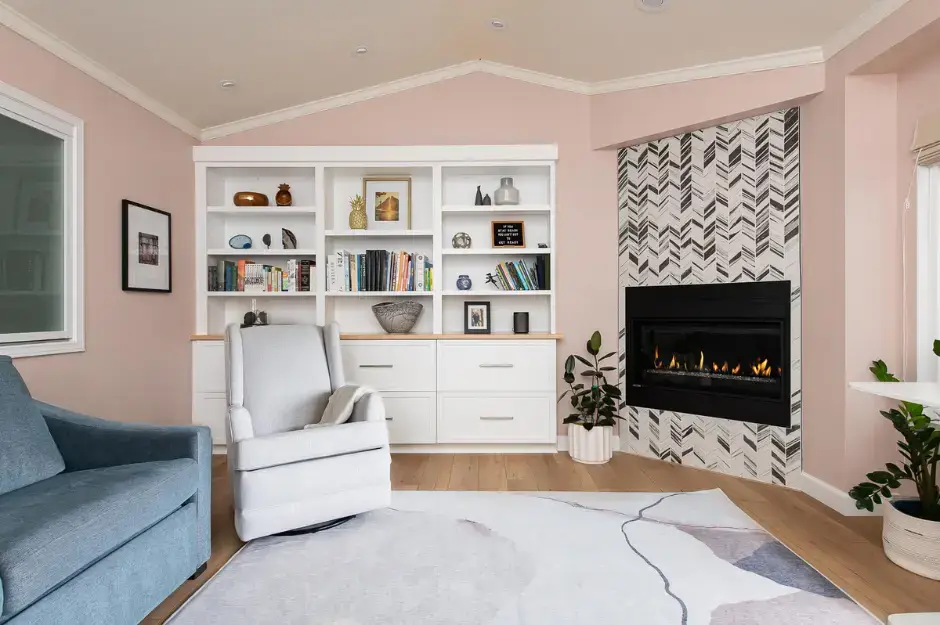 Lake Forest home office remodel with fireplace and built in cabinets