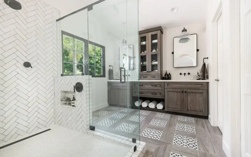 Trending Bathroom Design With Floor Tile Insets in San Juan Capistrano Remodel