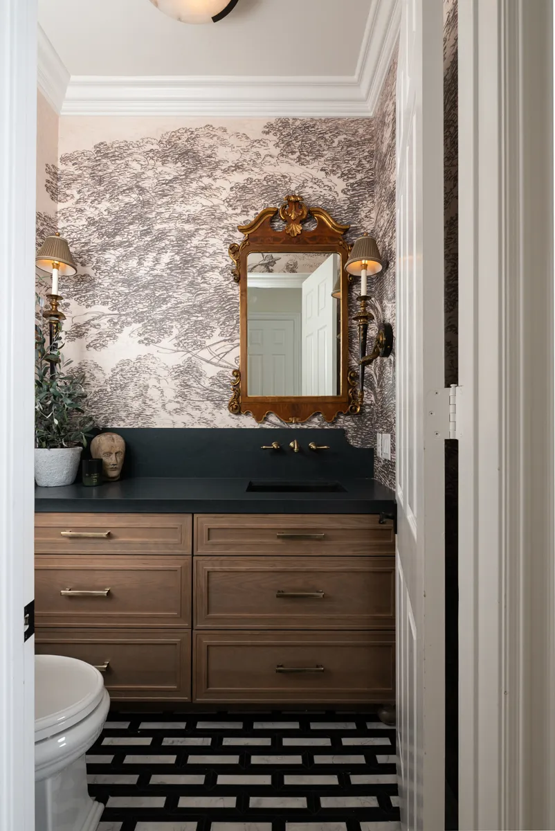 Sea-Pointe-Design-And-Remodel-undermount-bathroom-sink-in-gunmetal-black-with-two-handle-wall-mounted-bathroom-faucets-and-pulls-in-antique-brass