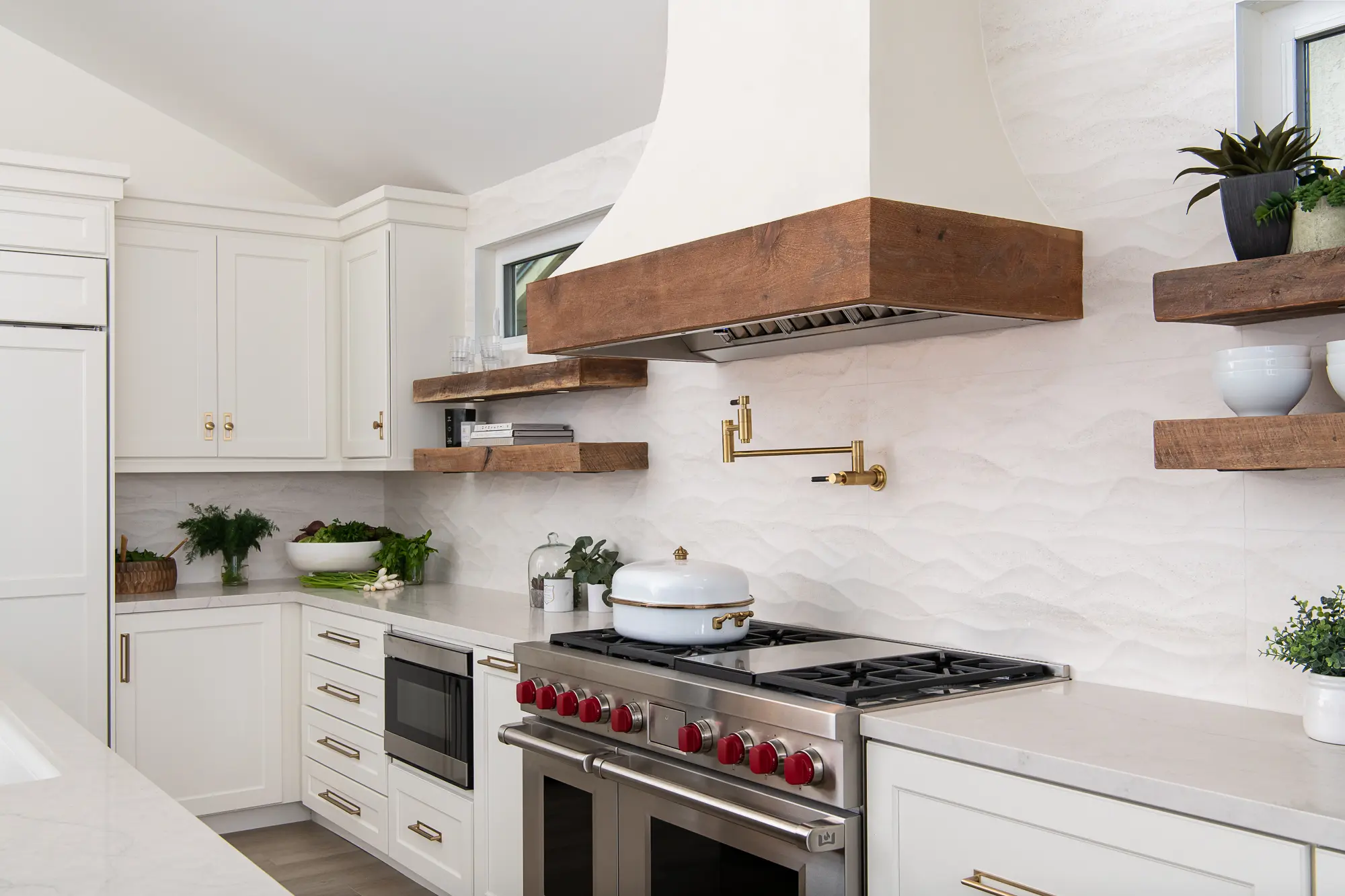 custom-hood-with-reclaimed-wood-over-slide-in-range-and-brass-pot-filler - Update a Historic Home