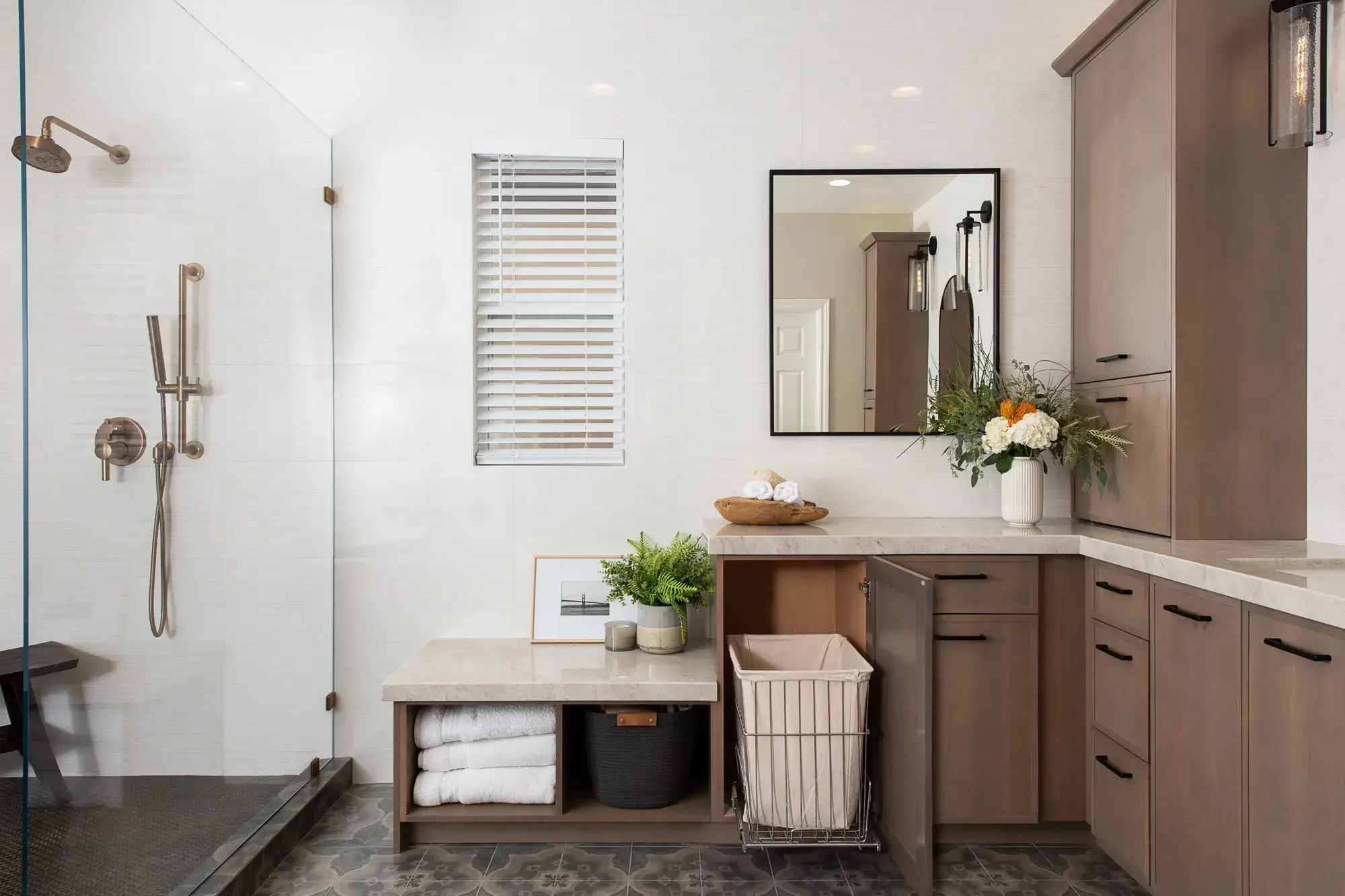 Irvine-Laundry-Hamper-Custom-Cabinetry-Bench-Quartz-Coutertop-Remodel