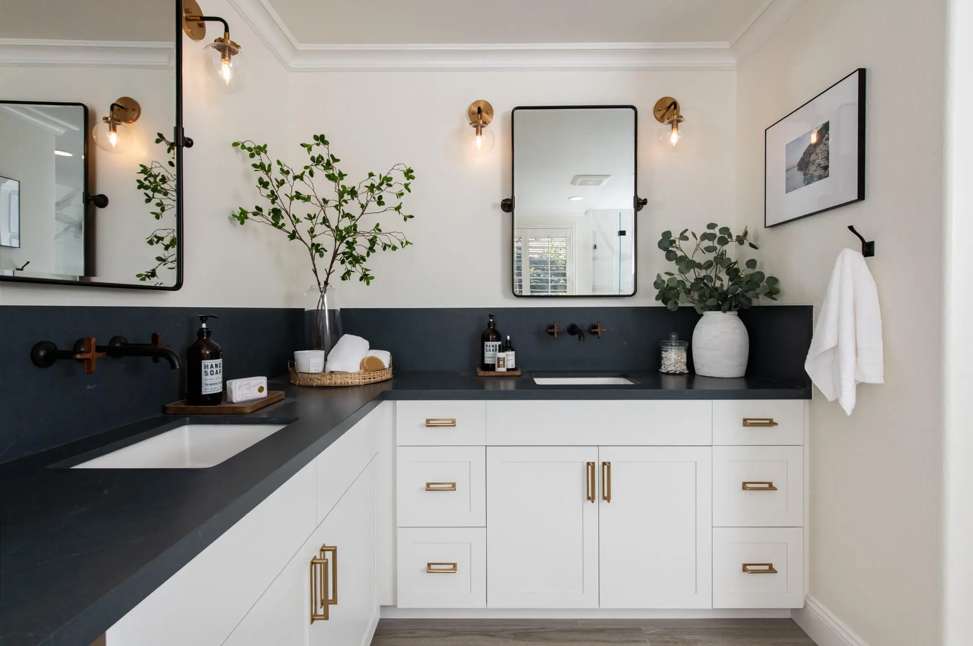 Contrasting colors and gold fixtures in Ladera Ranch master bathroom remodel