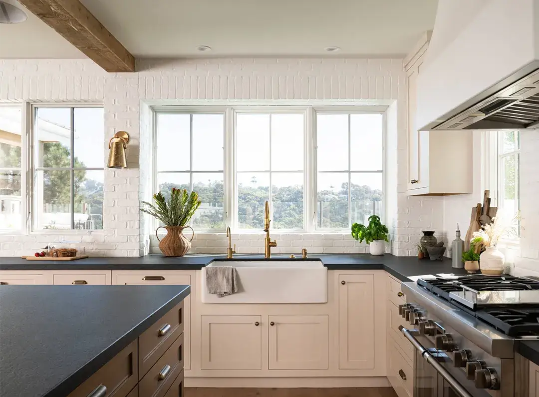 Layered brick kitchen backsplash in Laguna Niguel remodel