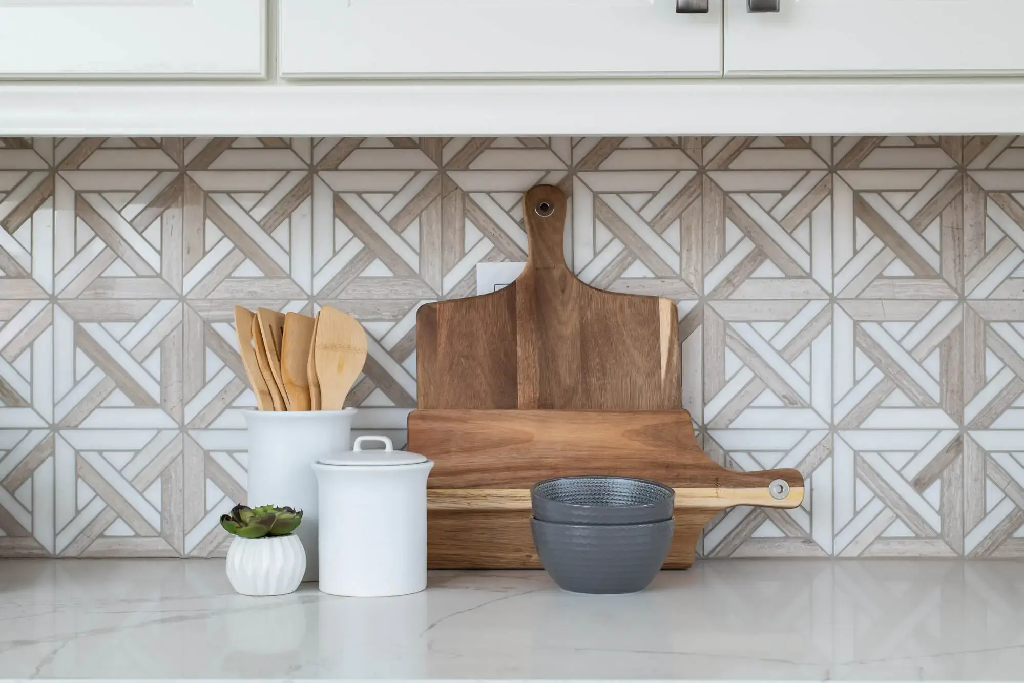Marble Mosaic Tile Backsplash With Geometric Design in Kitchen Remodel
