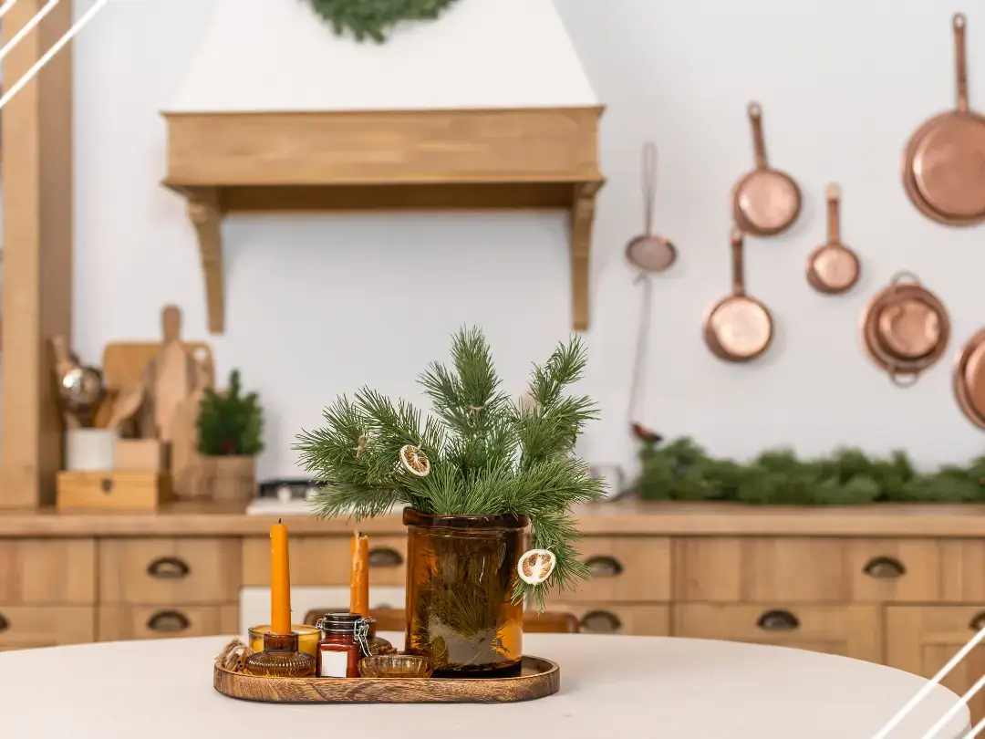 Simple evergreen sprigs make a stylish holiday kitchen decor option