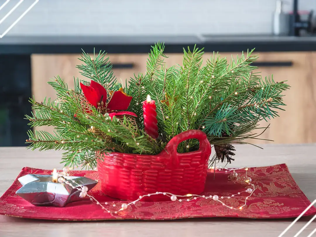 Red and green are traditional colors for holiday kitchen decor but you can switch up colors