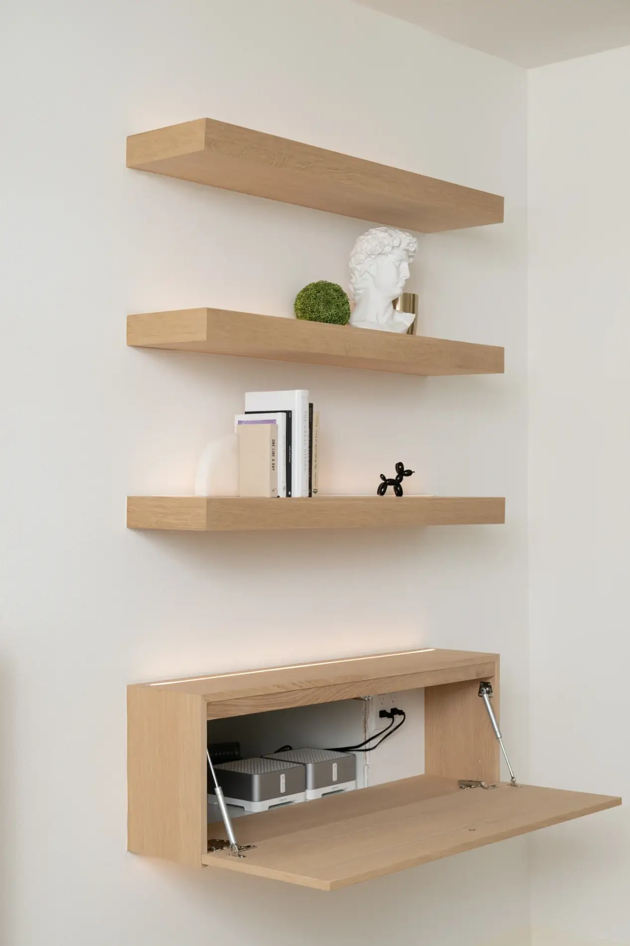 custom-white-oak-floating-shelves-and-box-for-electrical-storage-with-under-cabinet-accent-lighting
