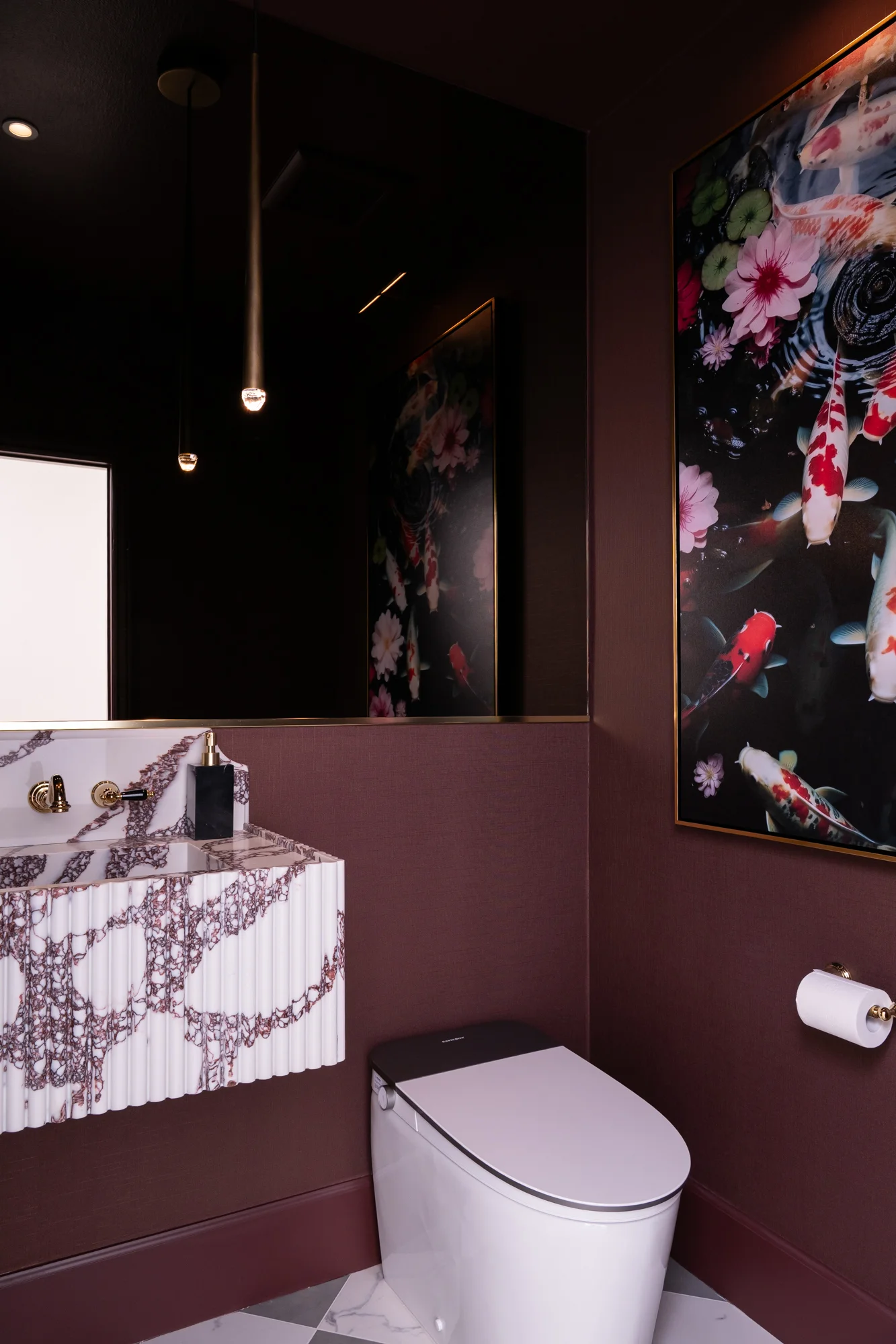 large-custom-bronze-mirror-and-textured-wallpaper-in-Cherry