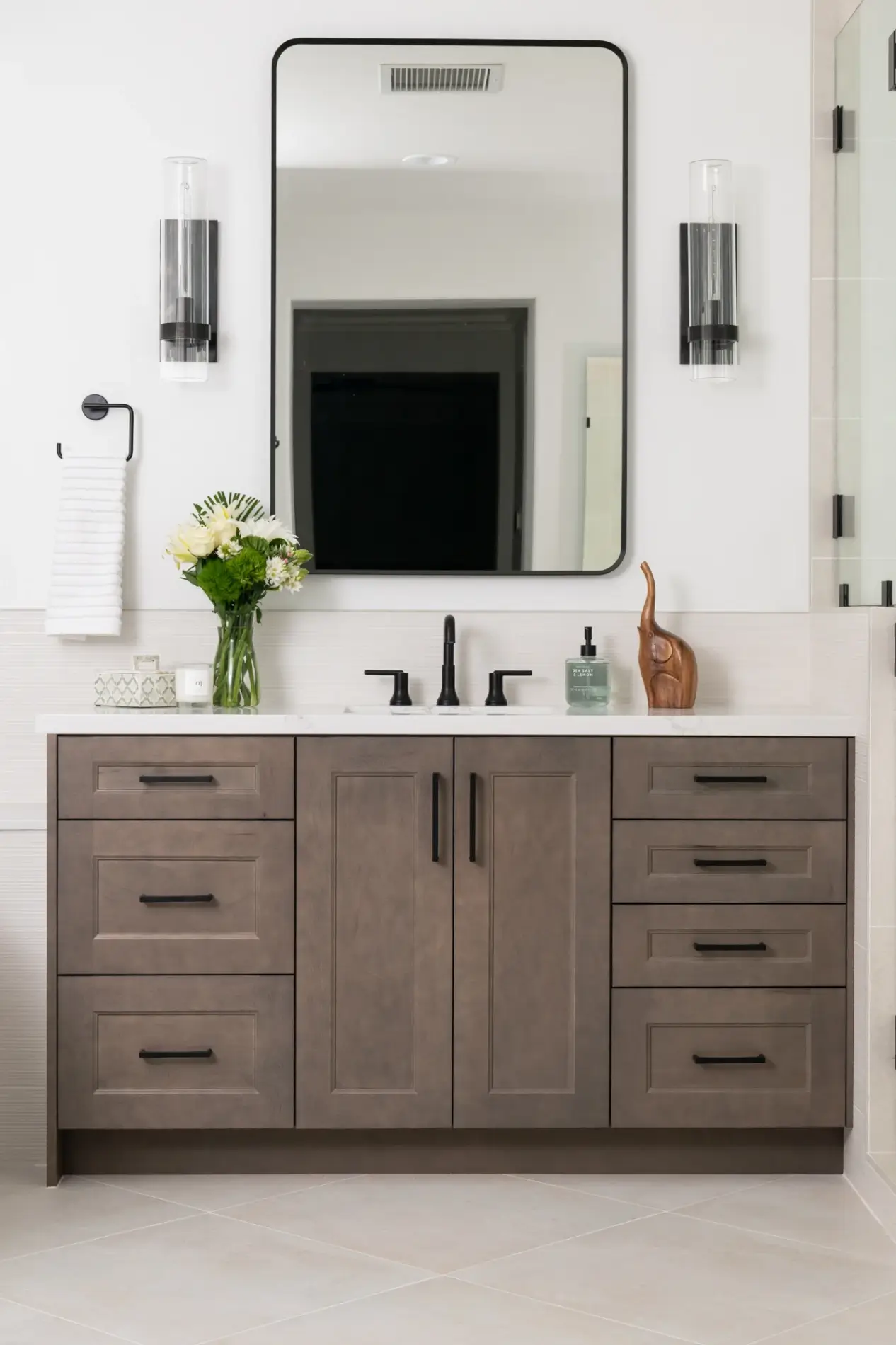 Dual-vanities-by-Kemper-in-Seal-finish-with-matte-black-pulls